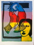 Lithograph signed "Multicoloured birds"