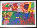 Large and rare original lithograph: The blue dog, framed! 1990