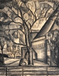 Constant Permeke - Hoeve tussen de bomen met koe - Houtskool en rood krijt