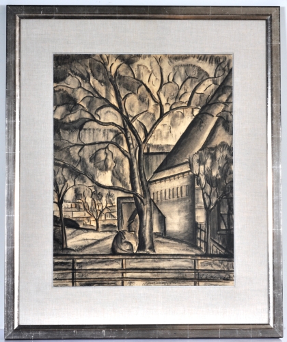 Constant Permeke - Hoeve tussen de bomen met koe - Houtskool en rood krijt