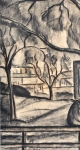 Constant Permeke - Hoeve tussen de bomen met koe - Houtskool en rood krijt