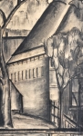 Constant Permeke - Hoeve tussen de bomen met koe - Houtskool en rood krijt