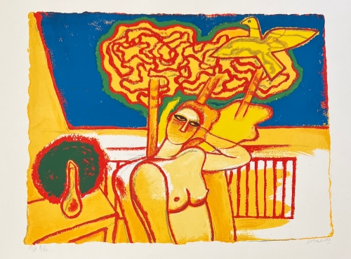 Guillaume Corneille - Lithographie signée : Jeune femme à la fenêtre E/A