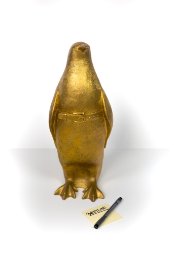 William Sweetlove - Small cloned gold penguin with water bottle