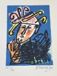 Guillaume Corneille - Signée; Lithographie Le Clown et l'oiseau
