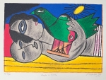 Lithograph signed "Couple with bird"